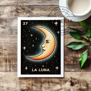 Lotería La Luna Art Print | Moon Card, Lunar Home Decor, Crescent Moon and Stars